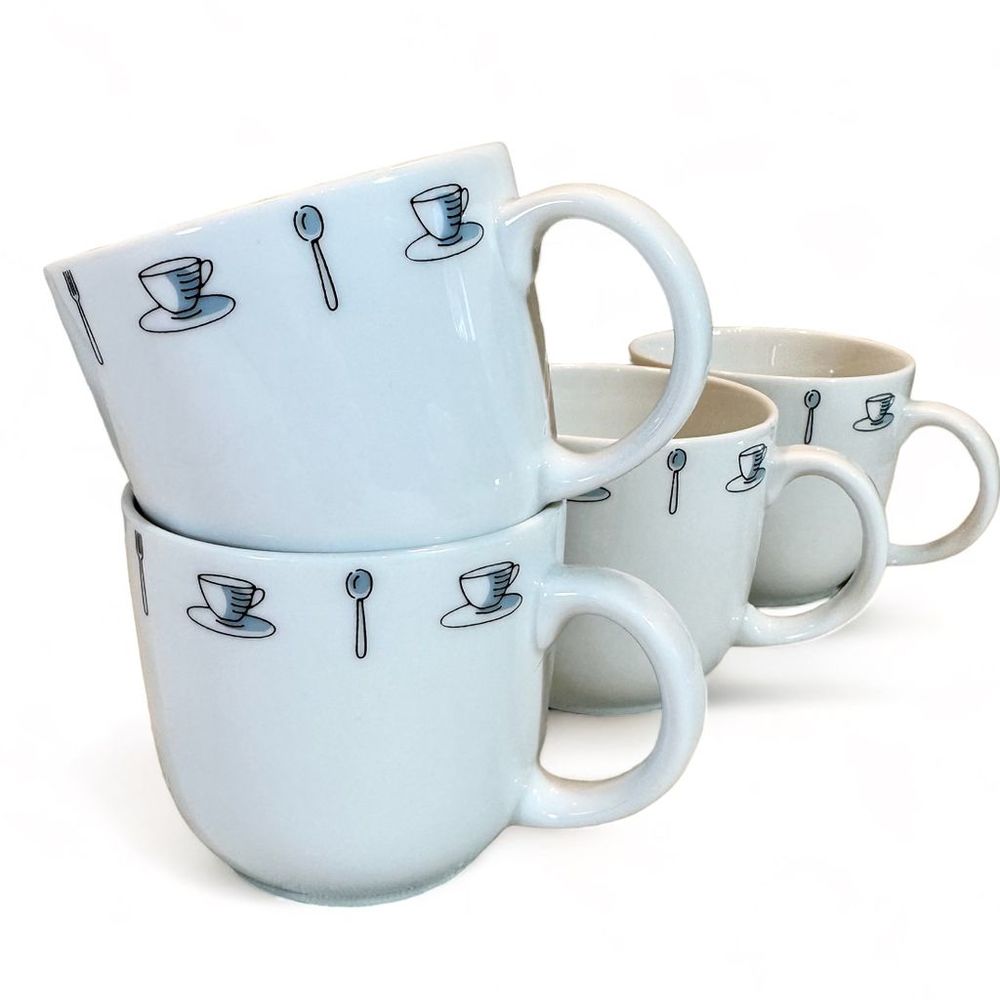 Lot of 4, Crate & Barrel Kathleen Wills “Coffee Shop” pattern Coffee Cups